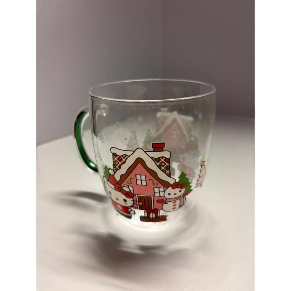 Hello Kitty Christmas Glass Mug 14oz Gingerbread House Green Glitter Handle